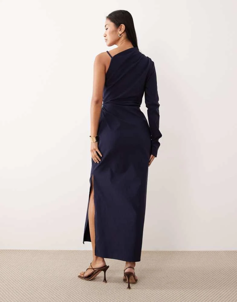 asos navy midi dress ASOS Design One-Shoulder Draped Midi Dress in Navy