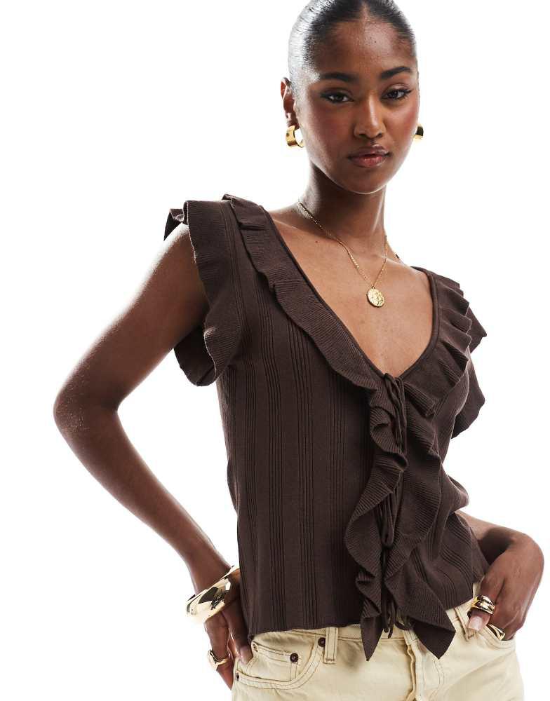ONLY ONLY frill detail tie front top in chocolate brown
