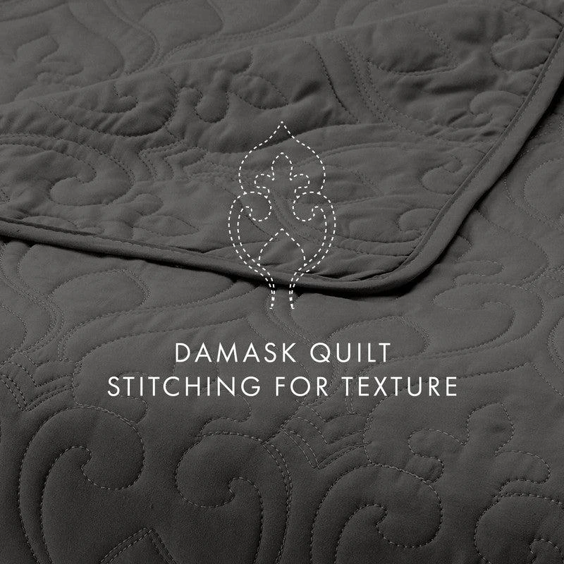 IENJOY HOME Damask Stitch Gray Quilt Coverlet Set Contemporary Ultra Soft Microfiber Bedding 4