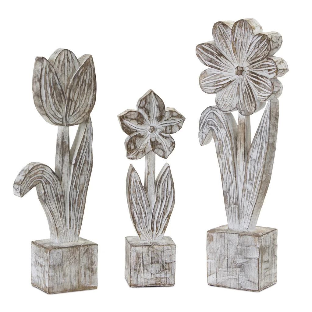 Hivvago White Washed Potted Floral Sculpture (Set of 3)