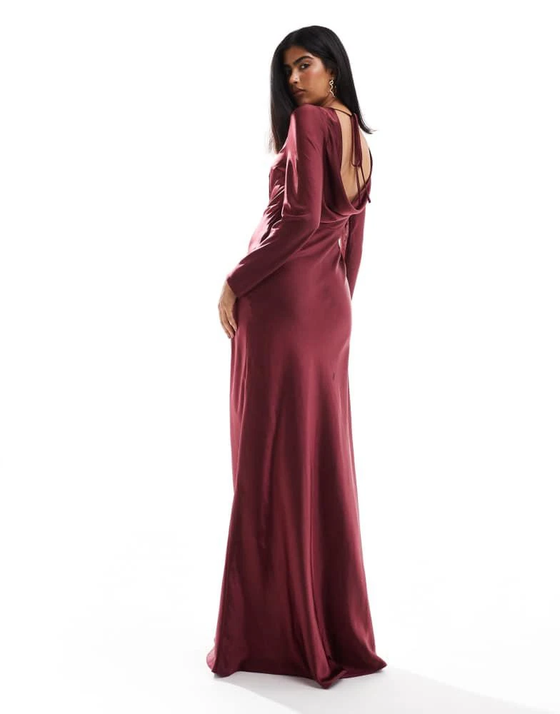 Six Stories Six Stories Bridesmaids long sleeve cowl back satin maxi dress in burgundy 3
