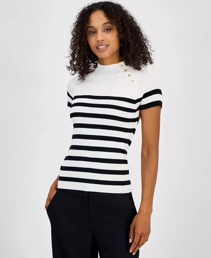Tahari Women's Striped Button-Trim Mock-Neck Sweater 1