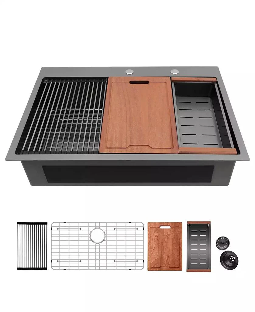 Flynama 33x22x9inch Gunmetal Black Kitchen Sink Drop In Workstation Stainless Steel 16 Gauge 8