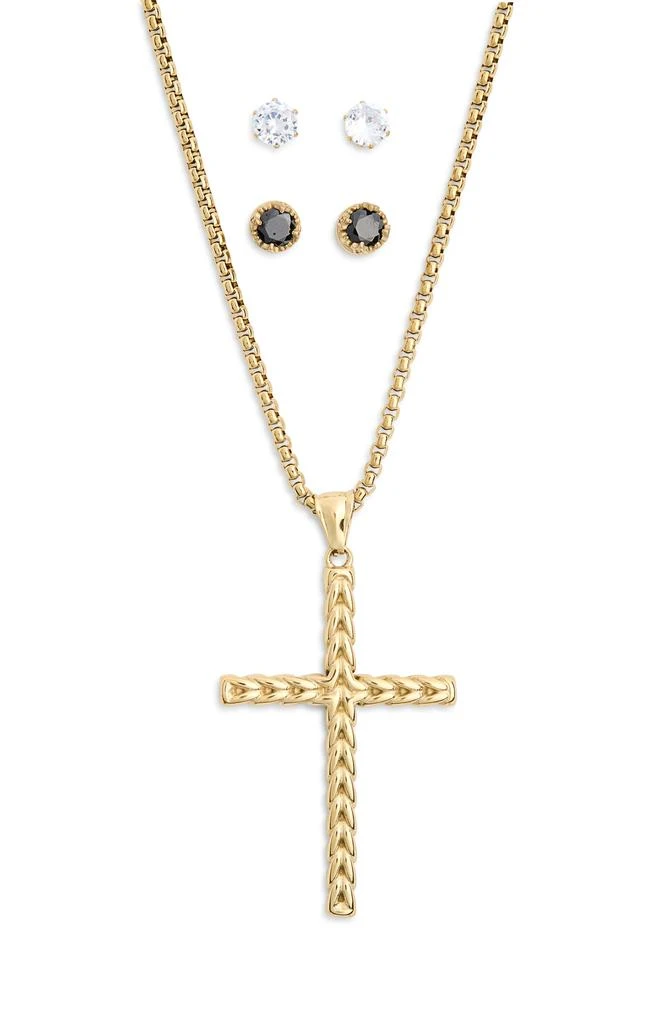 American Exchange Men's Crystal Stud Earrings & Cross Pendant Necklace Set 1