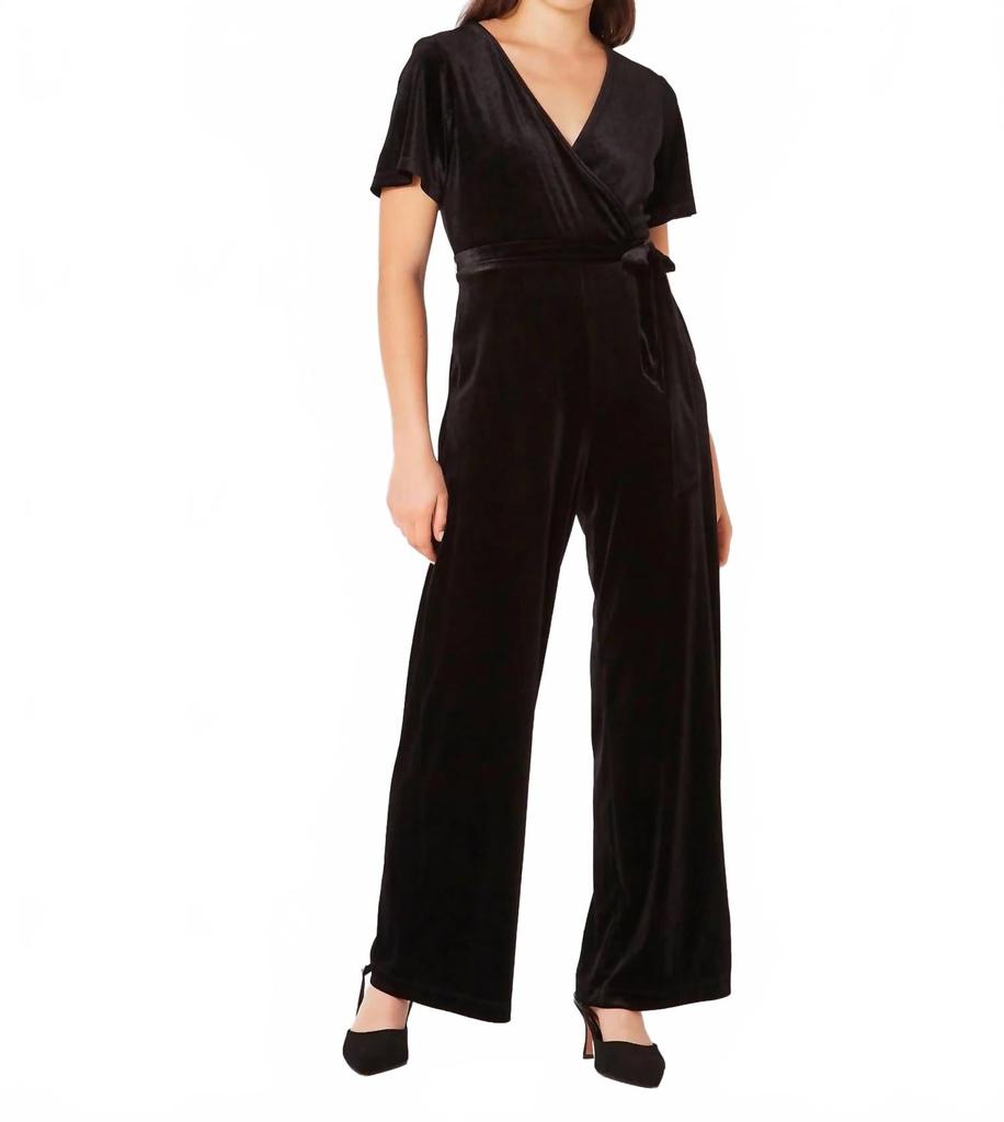 APRICOT Flutter Sleeve Velvet Jumpsuit In Black