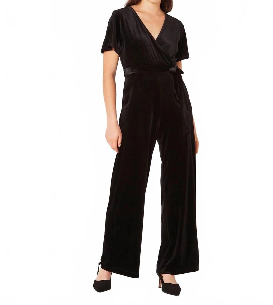 APRICOT Flutter Sleeve Velvet Jumpsuit In Black 1