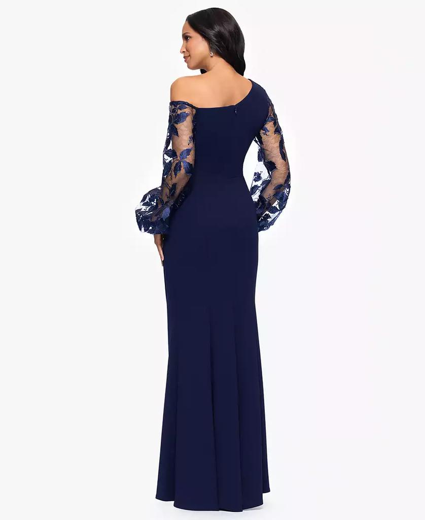 Betsy & Adam Petites Scuba Crepe Asymmetrical-Neck Long Dress