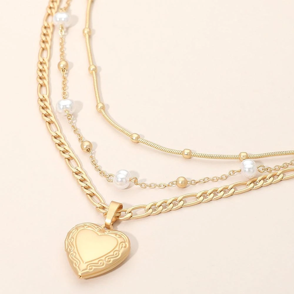 FASHNZFAB 3PCS - Heart Locket Pendant Pearl Station Bead Chain Layered Necklaces