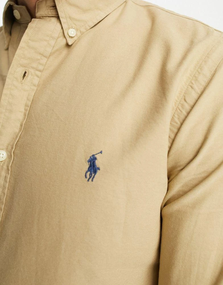 Ralph Lauren Polo Ralph Lauren icon logo slim fit garment dyed oxford shirt in tan 2