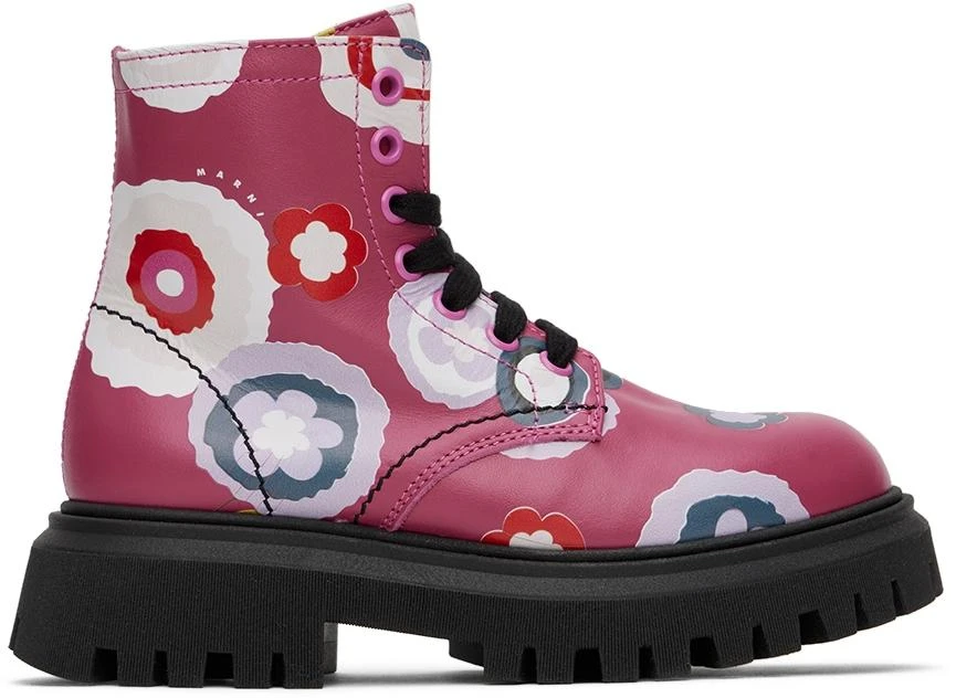 Marni Kids Pink Floral Lace-Up Boots