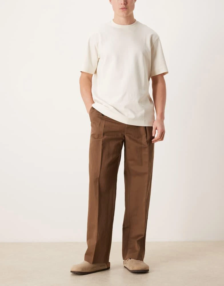 ASOS ASOS DESIGN smart pleated linen rich wide leg trousers in dark brown 2