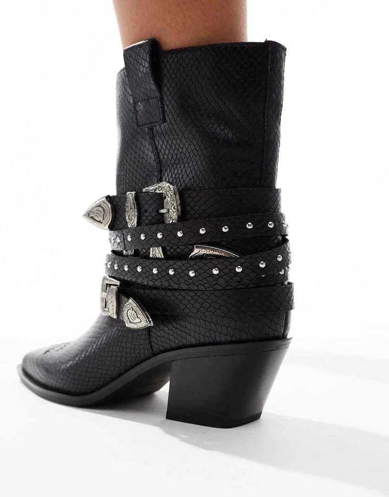 ALDO ALDO Emberlynx studded buckle western boots in black leather croc 3