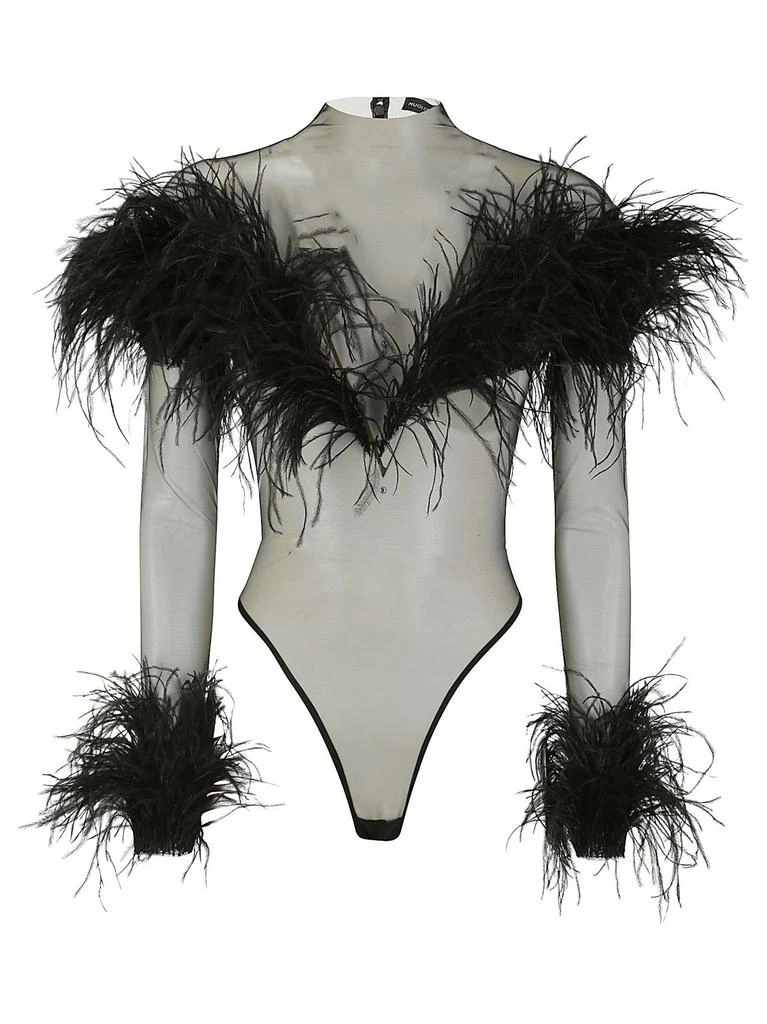 Mugler Mugler Feather-Trim Semi-Sheer Bodysuit 1
