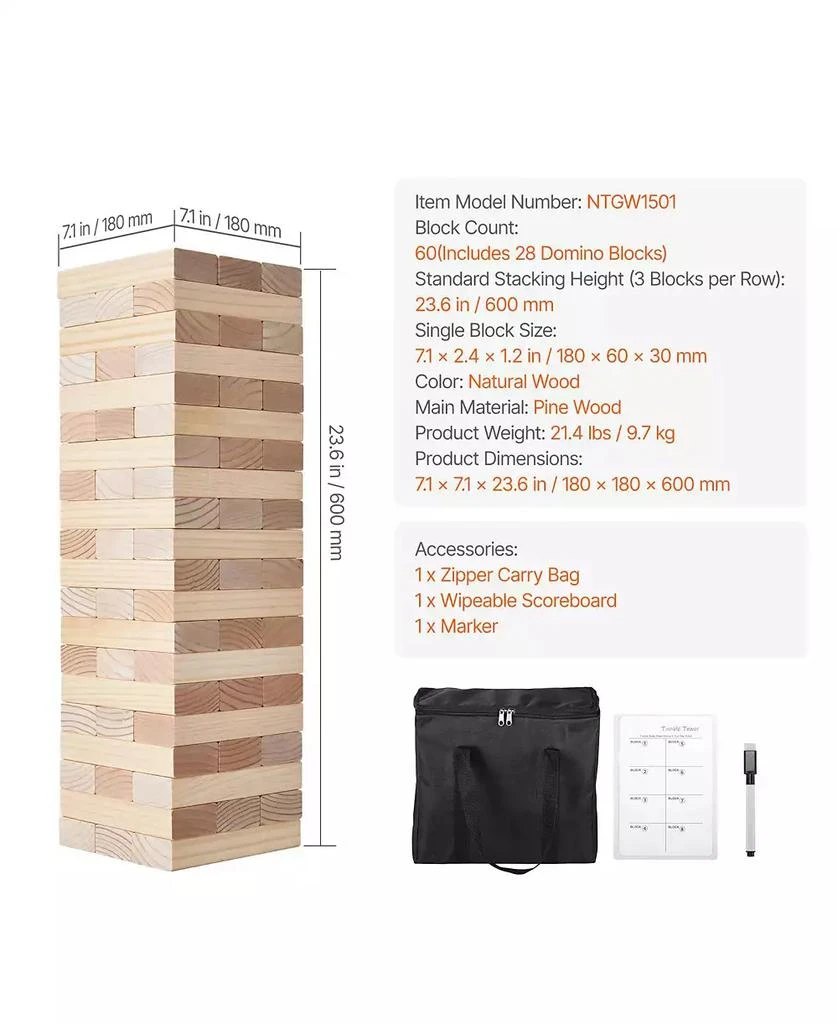 HONGGE Giant Wooden Tumbling Tower Game with Domino Blocks and Storage Bag 5