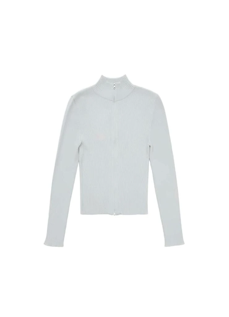 AMOMENTO Ribbed Knit Cardigan with High Neckline