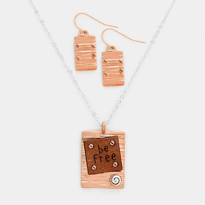 FASHNZFAB Be Free Wood Rectangular Metal Pendant Necklace