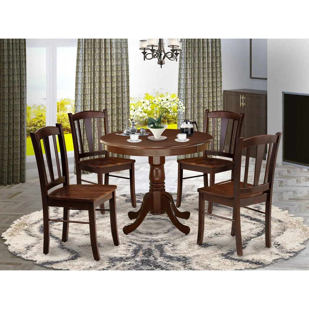 East West Furniture 5-Piece Dining Room Table Set- 4 Wooden Chairs and Kitchen Table - Wooden Seat and Slatted Chair Back - Mahogany Finish