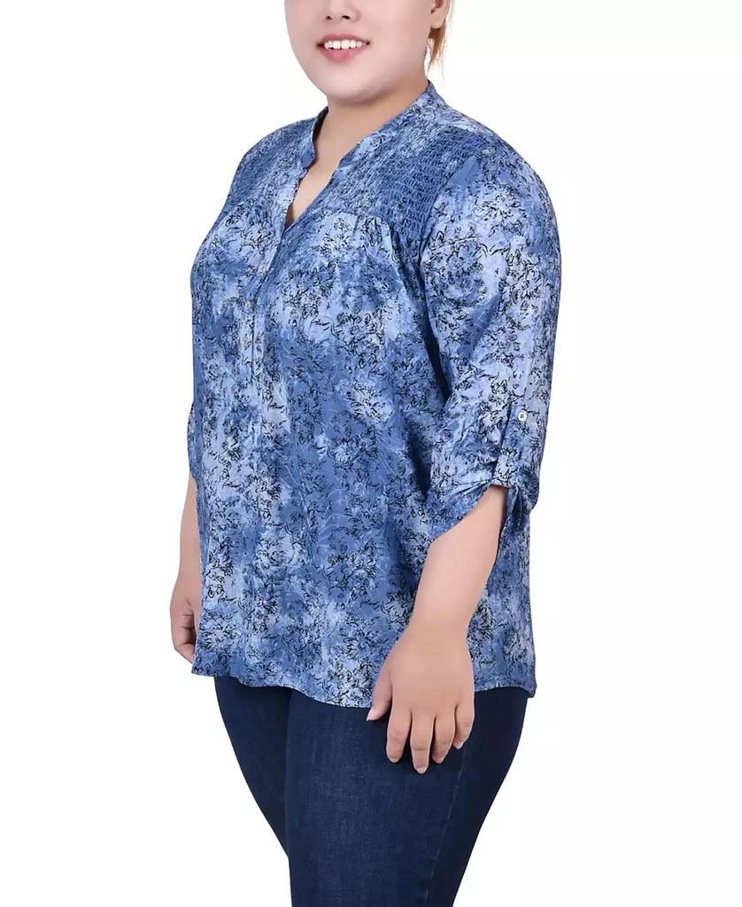 NY Collection Plus Size 3/4 Roll Tab Sleeve Smocked-Yoke Top 3