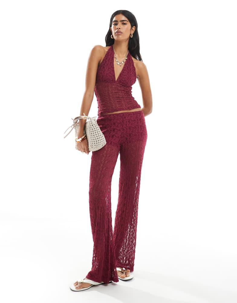 Pull&Bear Pull&Bear lace wide leg trouser co-ord in burgundy