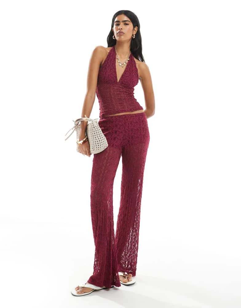 Pull&Bear Pull&Bear lace wide leg trouser co-ord in burgundy 1