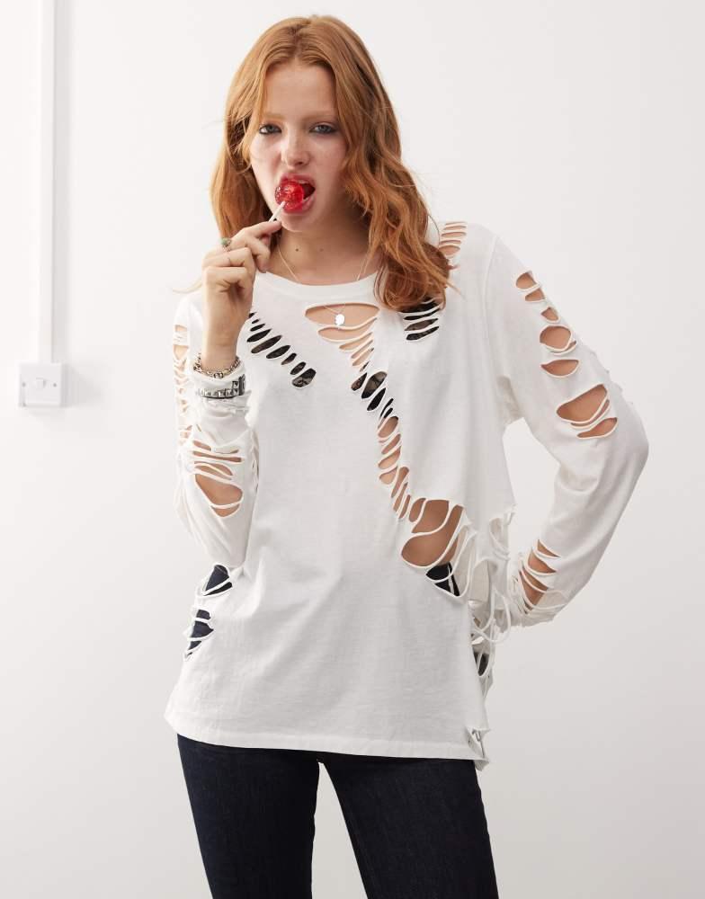 Cheap Monday Cheap Monday long sleeve t-shirt with ladder rip detail in off-white