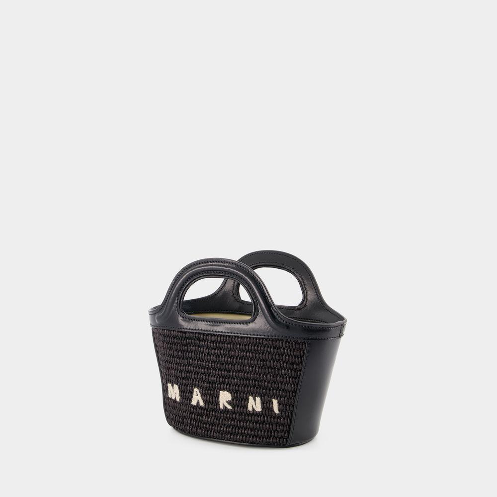 Marni BLACK LEATHER AND STRAW MICRO TROPICALIA SUMMER HANDBAG