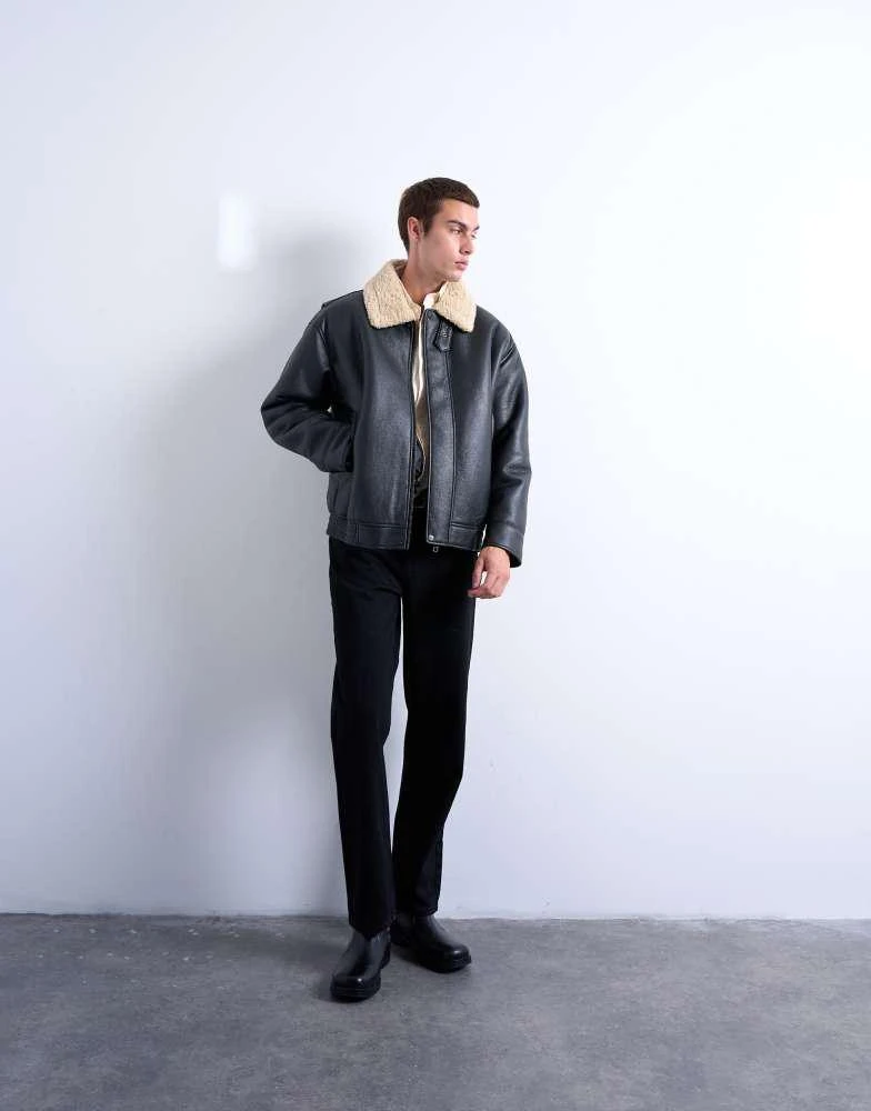 Topman Topman faux leather bomber jacket with shearling collar in black 5