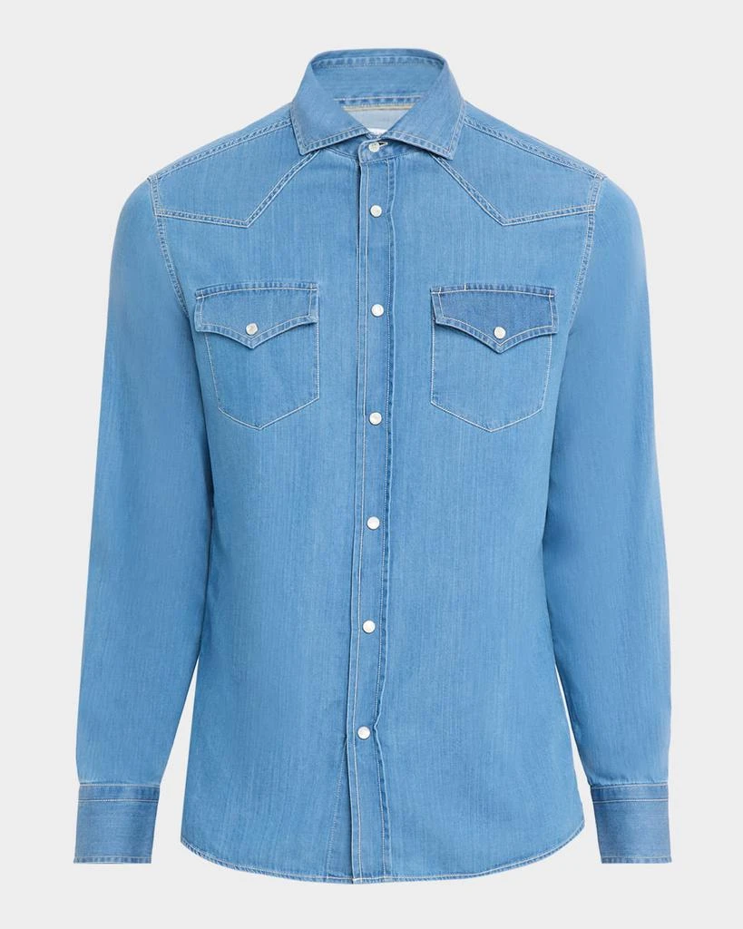 Brunello Cucinelli Men
s Lightweight Denim Easy-Fit Western Shirt