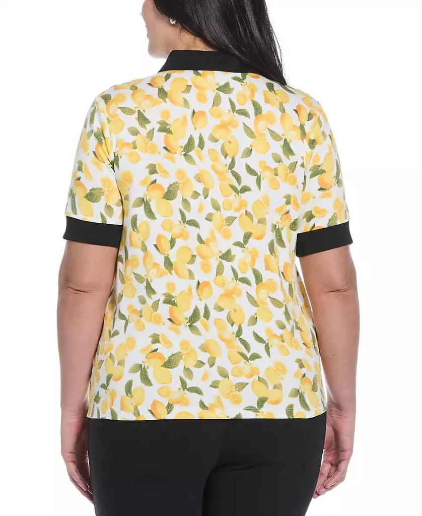 Rafaella Plus Size Lemon Print Buttoned Elbow Length Sleeve Polo T-Shirt 2