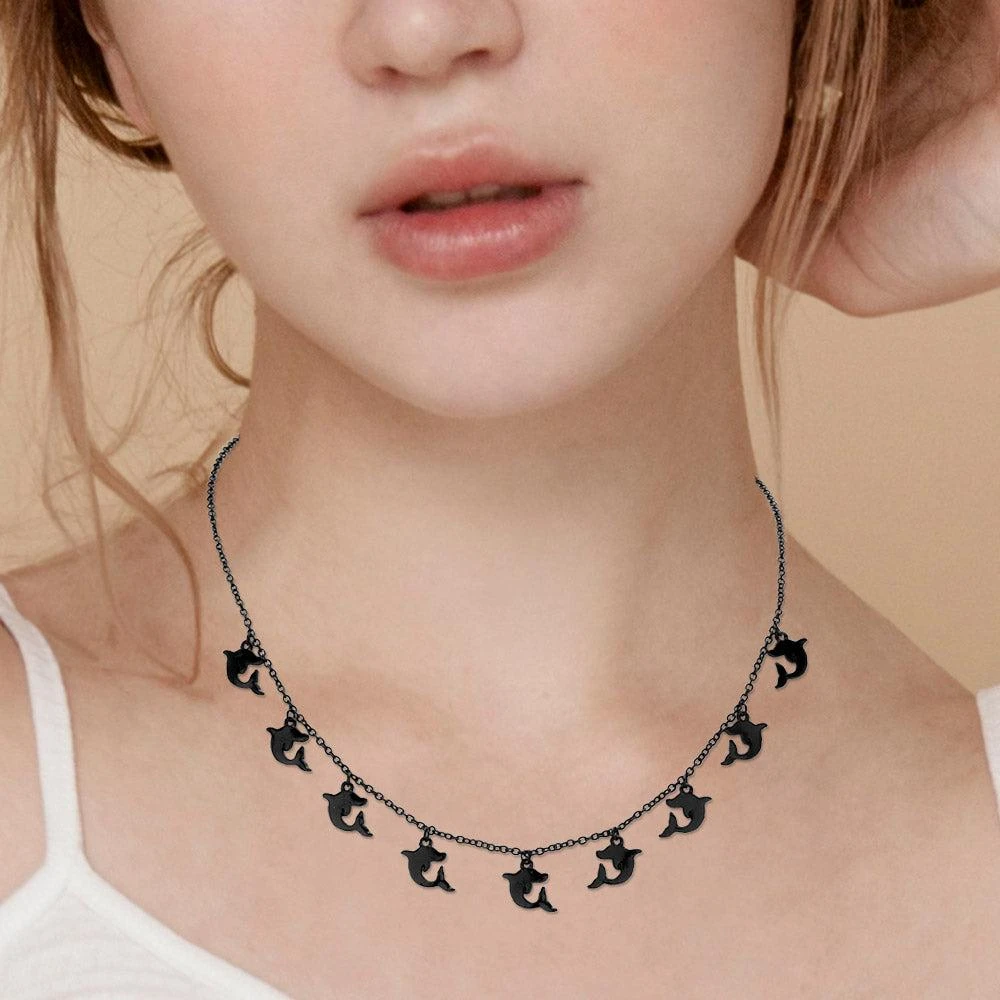 FASHNZFAB Metal Dolphin Charm Station Necklace