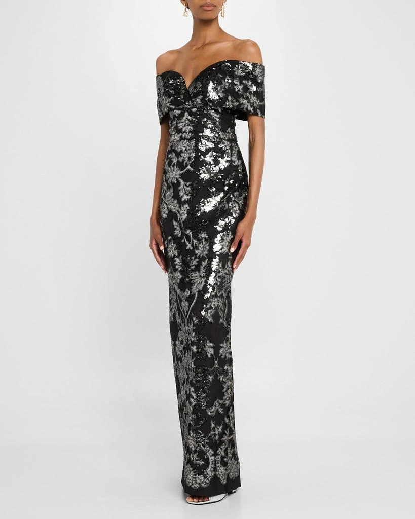 Pamella Roland Sequined Mesh Tulle Off-The-Shoulder Gown 4