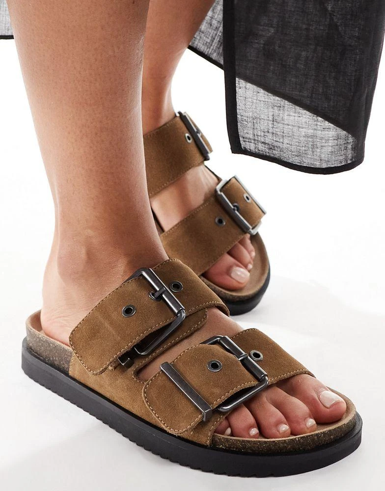 Pull&Bear Pull&Bear double strap buckle leather sandals in brown 3