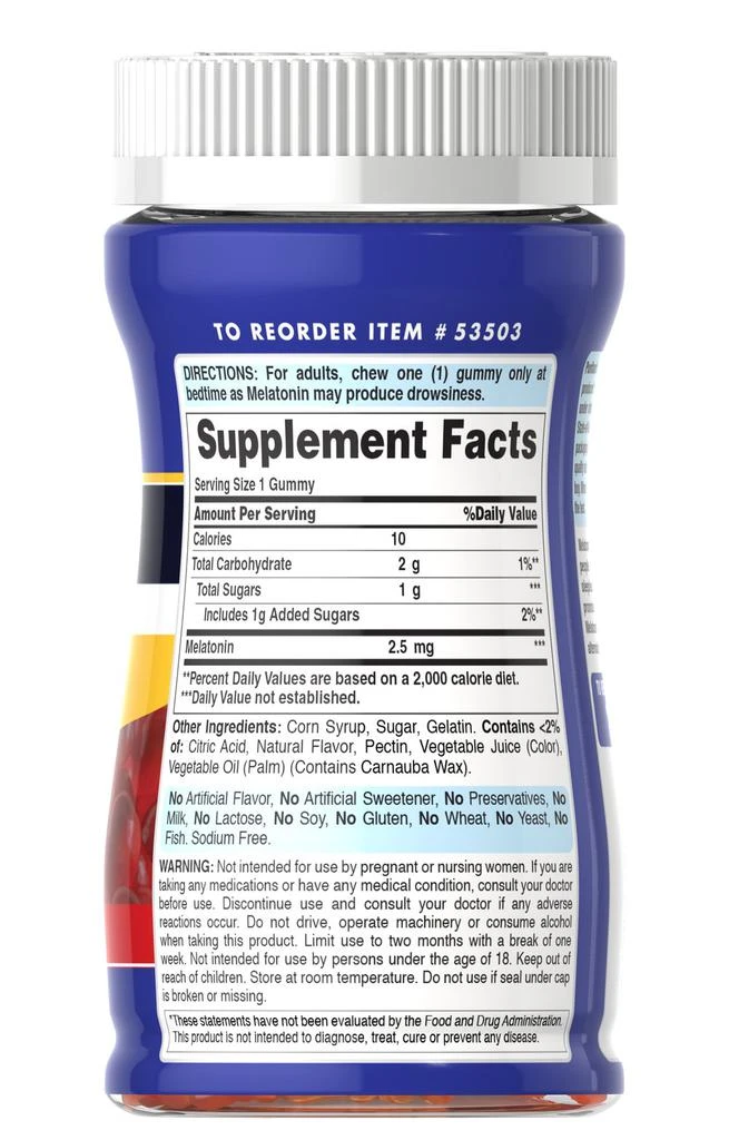 Puritan's Pride Melatonin Gummy 2.5 mg Strawberry Flavor 60 Gummies 3