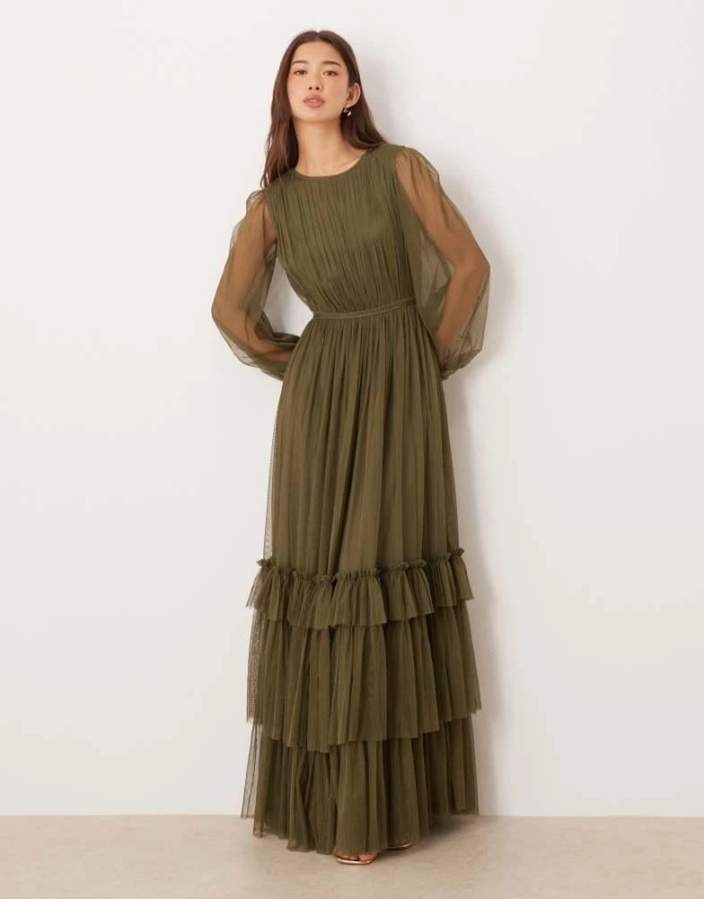 sheer tiered maxi dress Nitzan Green Printed Tiered Maxi Dress with Sheer Overlay (Final Sale)