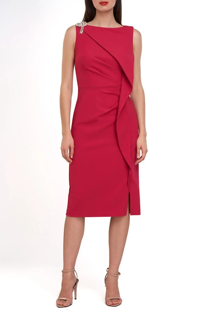 JS Collections Fern Crystal Detail Cascade Ruffle Crepe Cocktail Midi Dress in Cerise at Nordstrom, Size 4