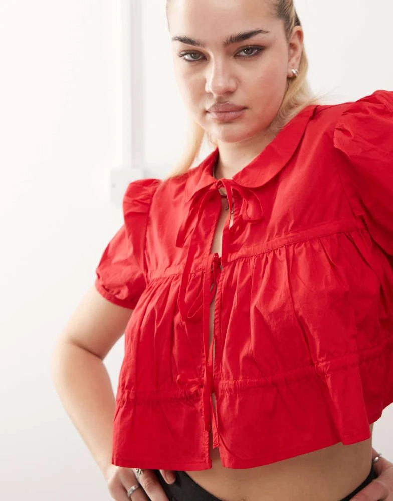 Monki Monki cotton poplin peplum tie shirt top with collar and front tie up detail in red 3
