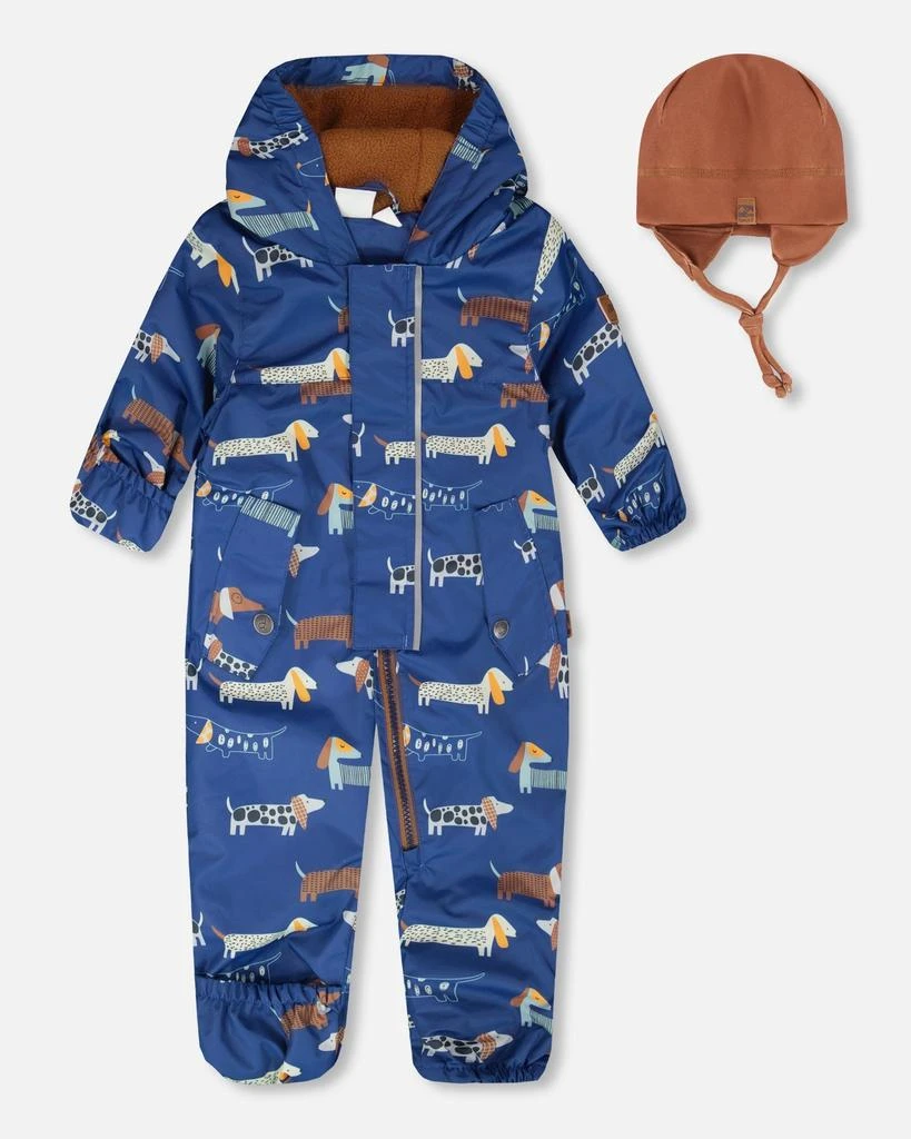 Deux par Deux Baby Mid-Season One-Piece Outerwear with Hat Blue Dog Print