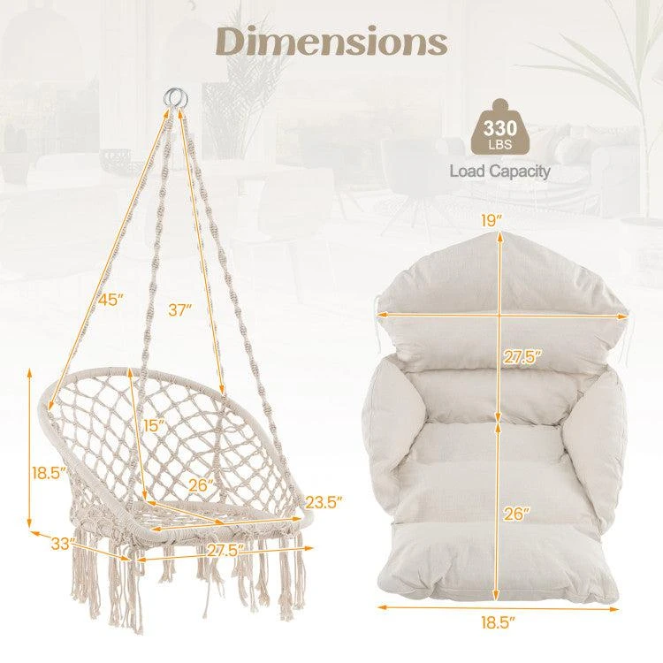 Hivvago Hammock Chair with Thick Cushion & Macrame Holds up to 330 LBS-Beige 4