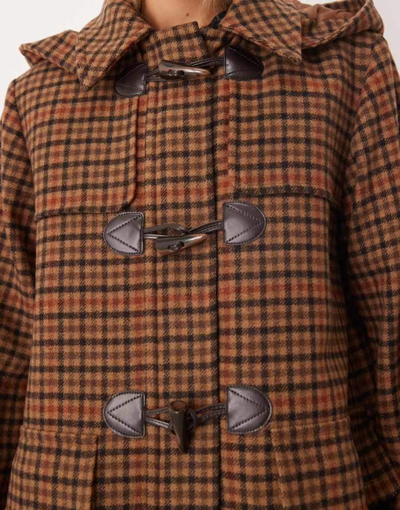 Shop Barbour Melody check wool duffle coat in brown/orange check Shop Barbour Melody check wool duffle coat in brown/orange check