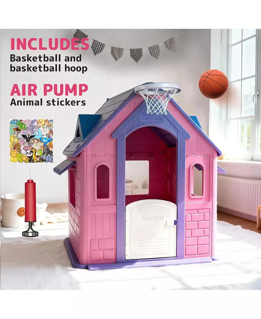 SUGIFT Large Kids Playhouse for Indoor Outdoor with Basketball Ring Toss Play and DIY Stickers for Girls Boys Ages 2 3
