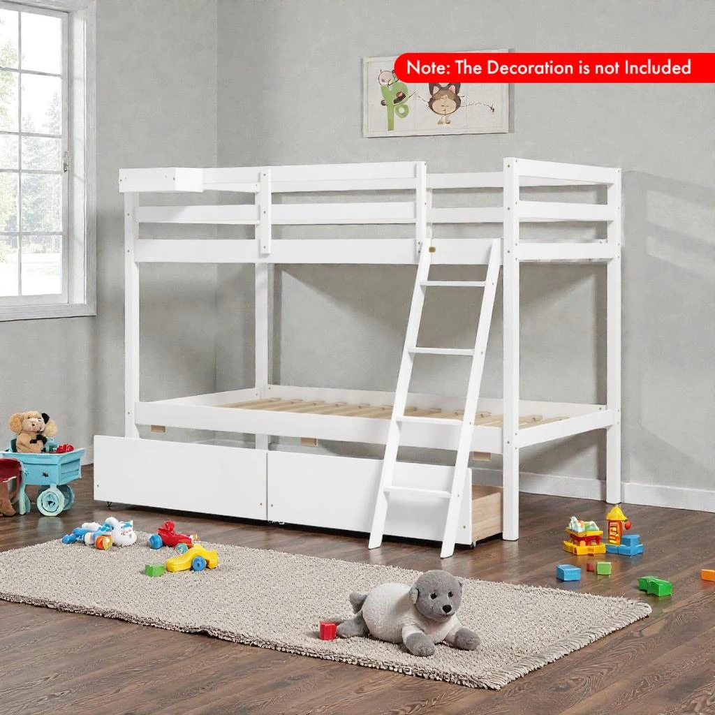 Hivvago Twin-Over-Twin Wooden Bunk Bed with Ladder and Built-In Storage Drawers 2