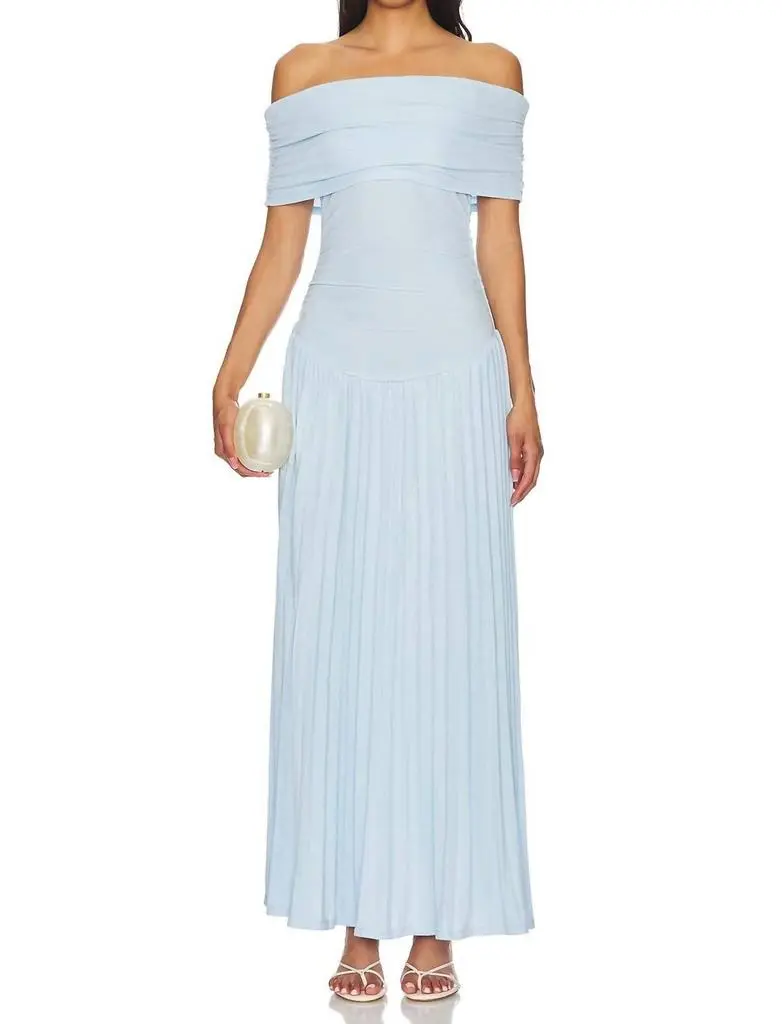 lioness pleated dress Lioness Field of Dreams long sleeve foldover bardot ruched drop waist  pleated maxi dress in navy