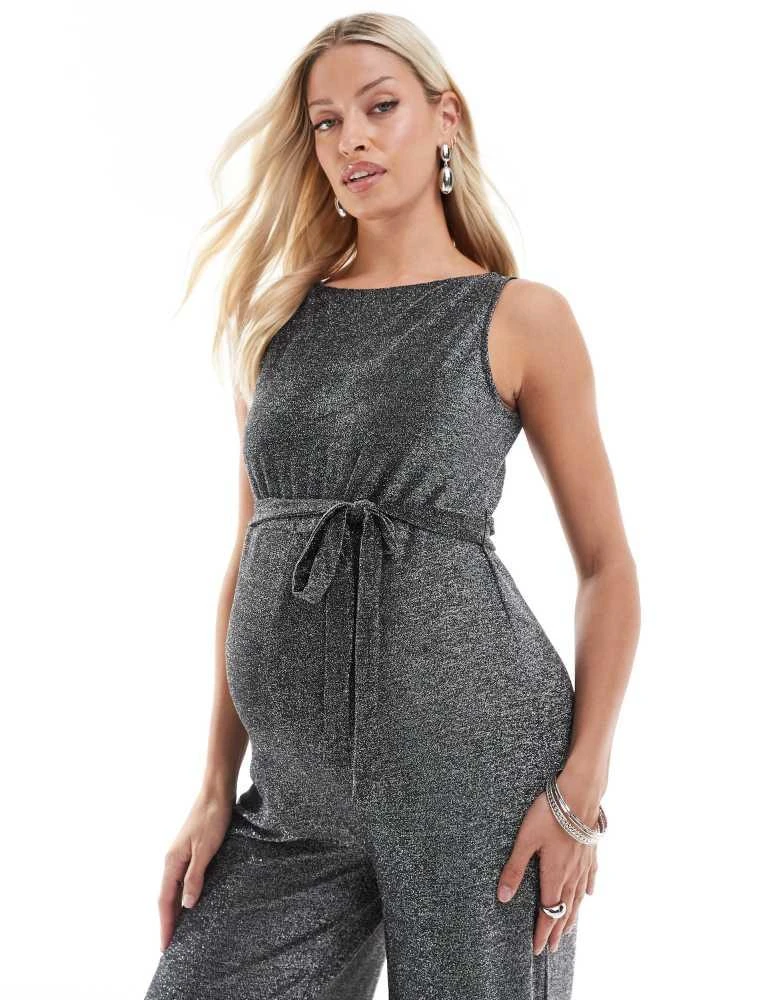 Mama.licious Mamalicious Maternity wide leg glitter jersey jumpsuit in black 2