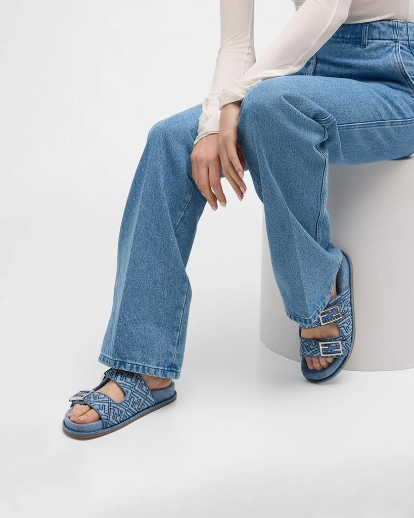 Fendi FF Embroidered Denim Dual Buckle Slide Sandals 2