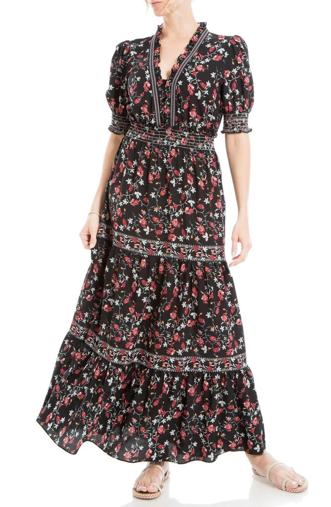 Max Studio V-Neck Short Puff Sleeve Floral Print Tiered Dress 6