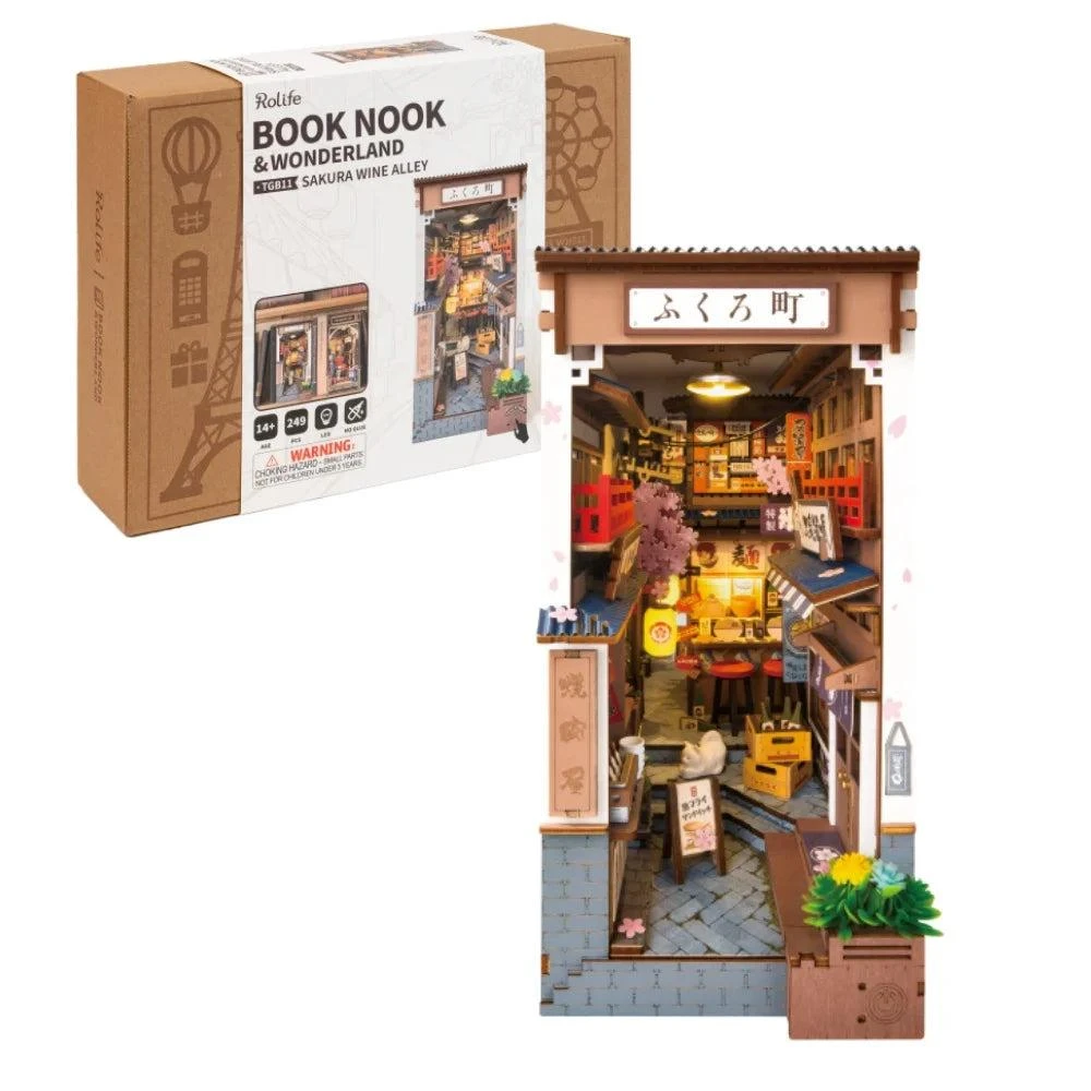 Robotime Sakura Wine Alley DIY Book Nook with LED Lights - Miniature Dollhouse Kit, 3D Wooden Puzzle Bookend for Bookshelf Decor and Gift