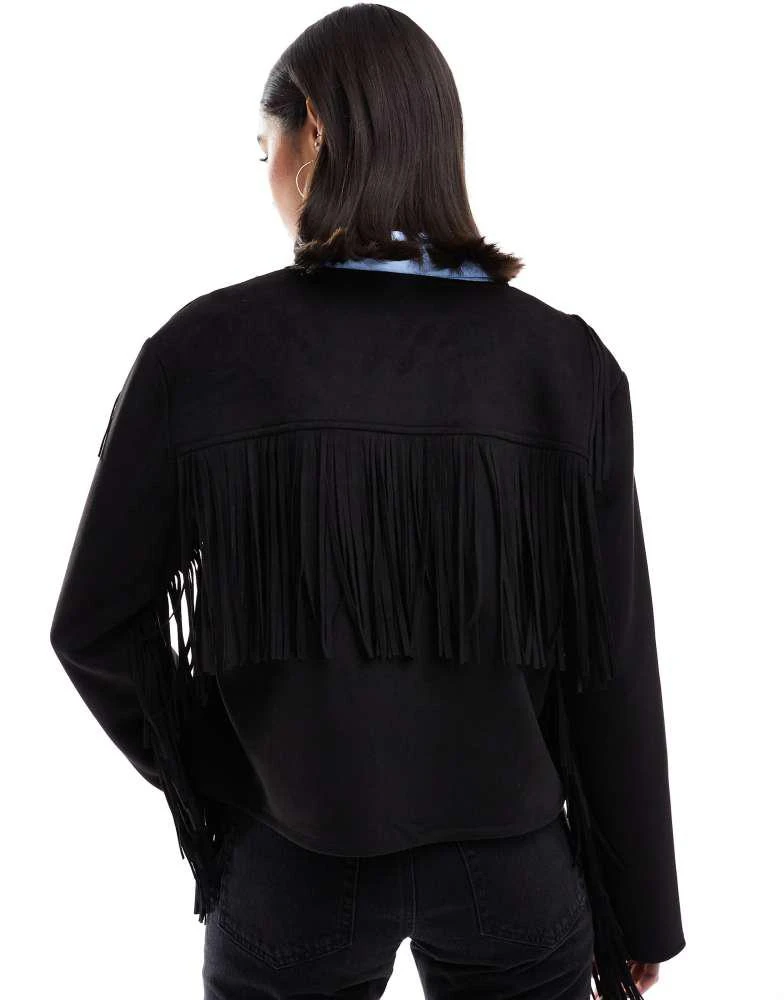 New Look New Look fringe collarless suedette jacket in black 4