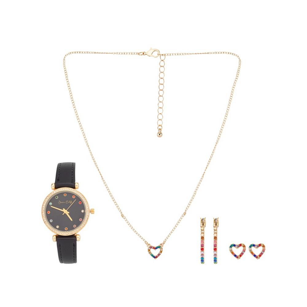 Jessica Carlyle Women's Quartz Black Polyurethane Leather Strap Watch 33mm with Necklace 3 Pieces Earrings Gift Set