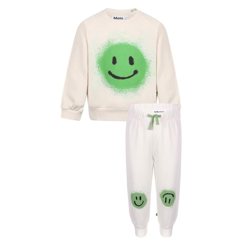 MOLO Green smiley face print baby sweatshirt and sweatpants in white