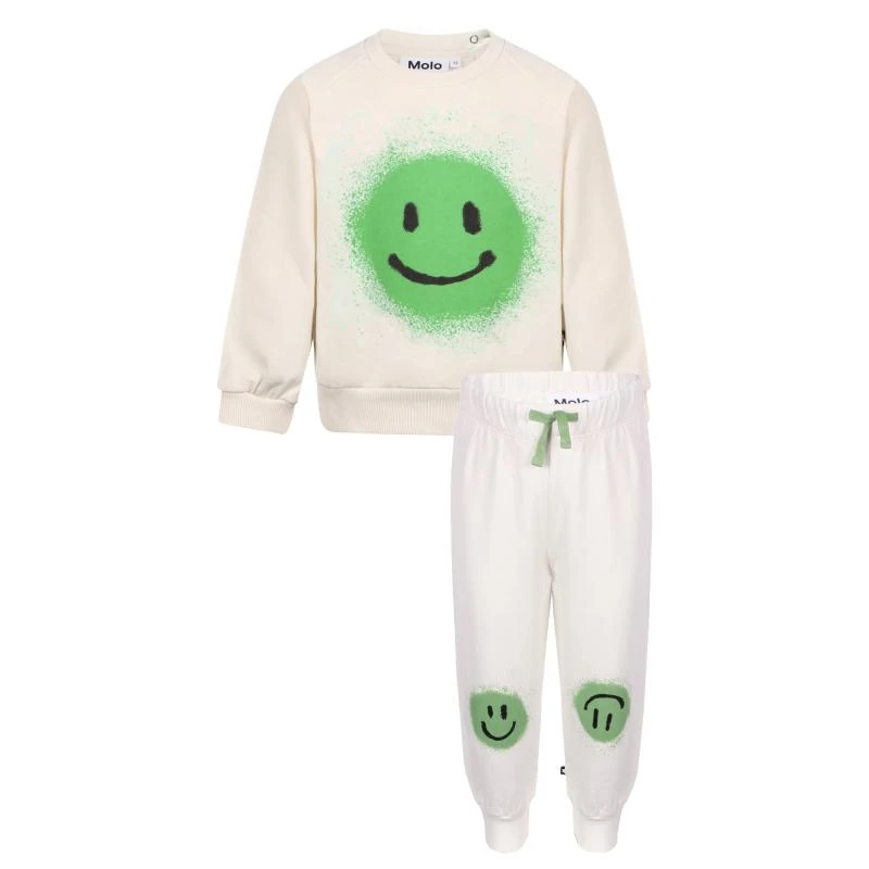 Molo Green smiley face print baby sweatshirt and sweatpants in white 1